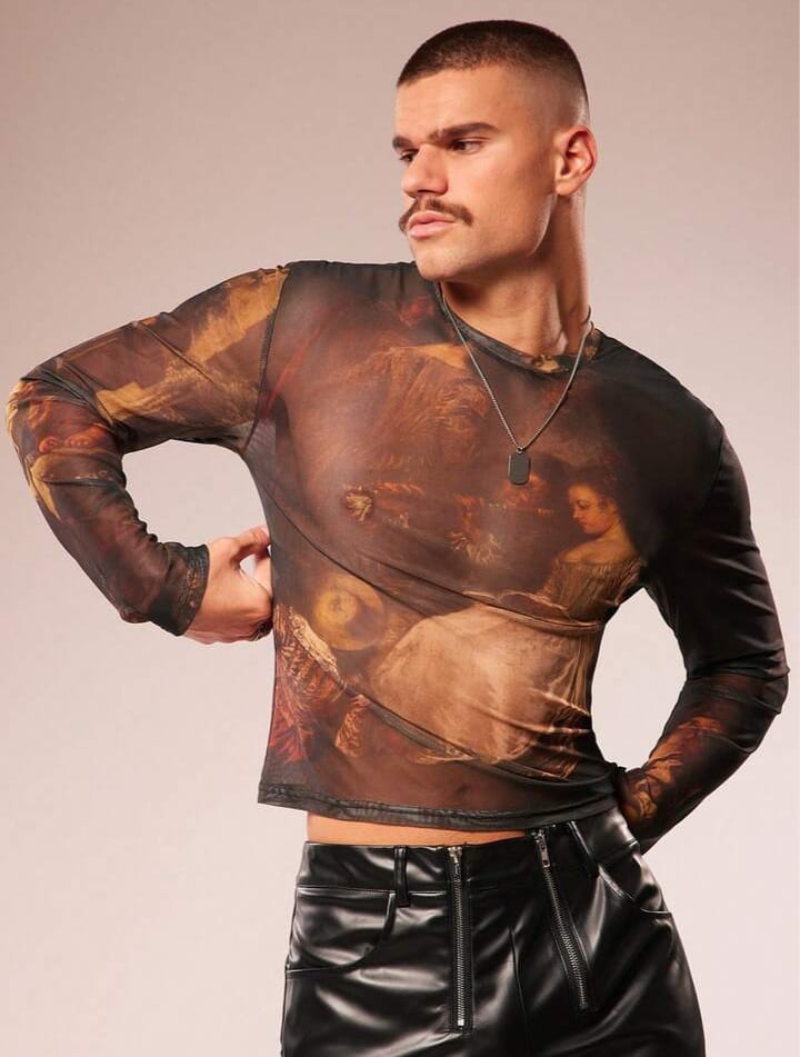 Men's Printed Floral Print Sheer Croppel Long Sleeve Tees